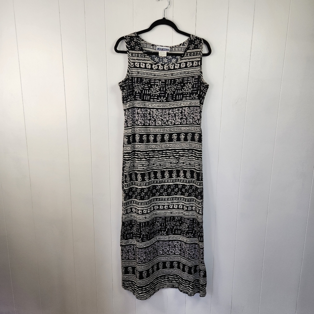 Vintage 90s Black Aztec Print Summer Midi Dress 1990s Sheath Sundress Beach Boho - Picture 3 of 13